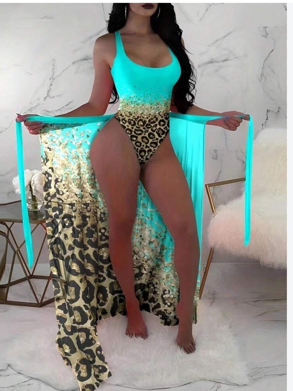 Turquoise Leopard-Accent One-Piece Swimsuit with Draped Tie Cover-Up